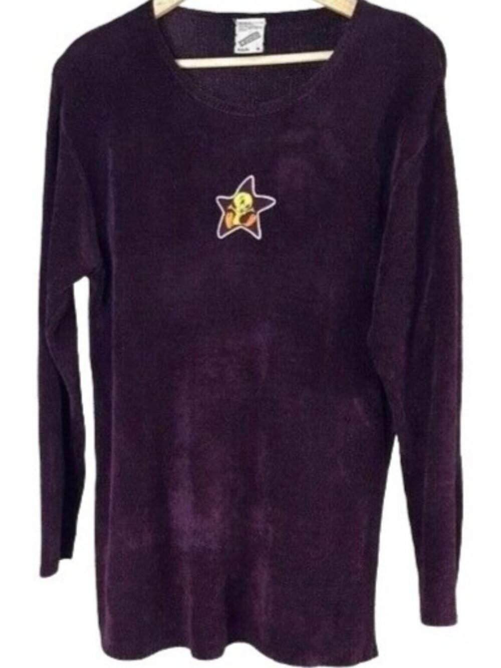 Warner Bros Women Tweety Bird Sweater Purple Medium Long Sleeve Embroid VTG 1998